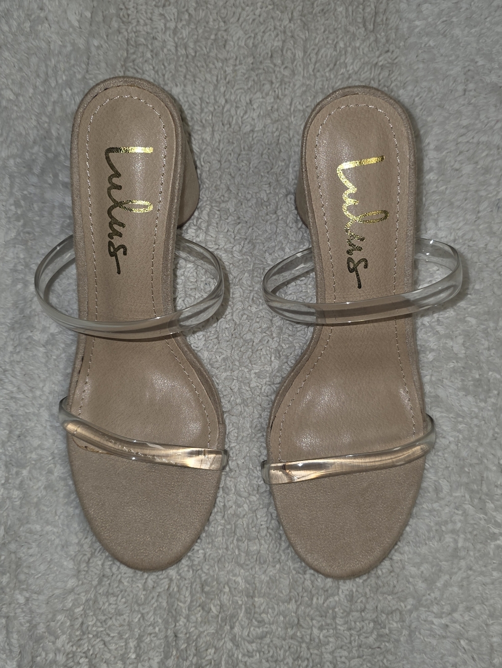 Lulu's Beige Nude Clear Double Band Block Heel Sandals